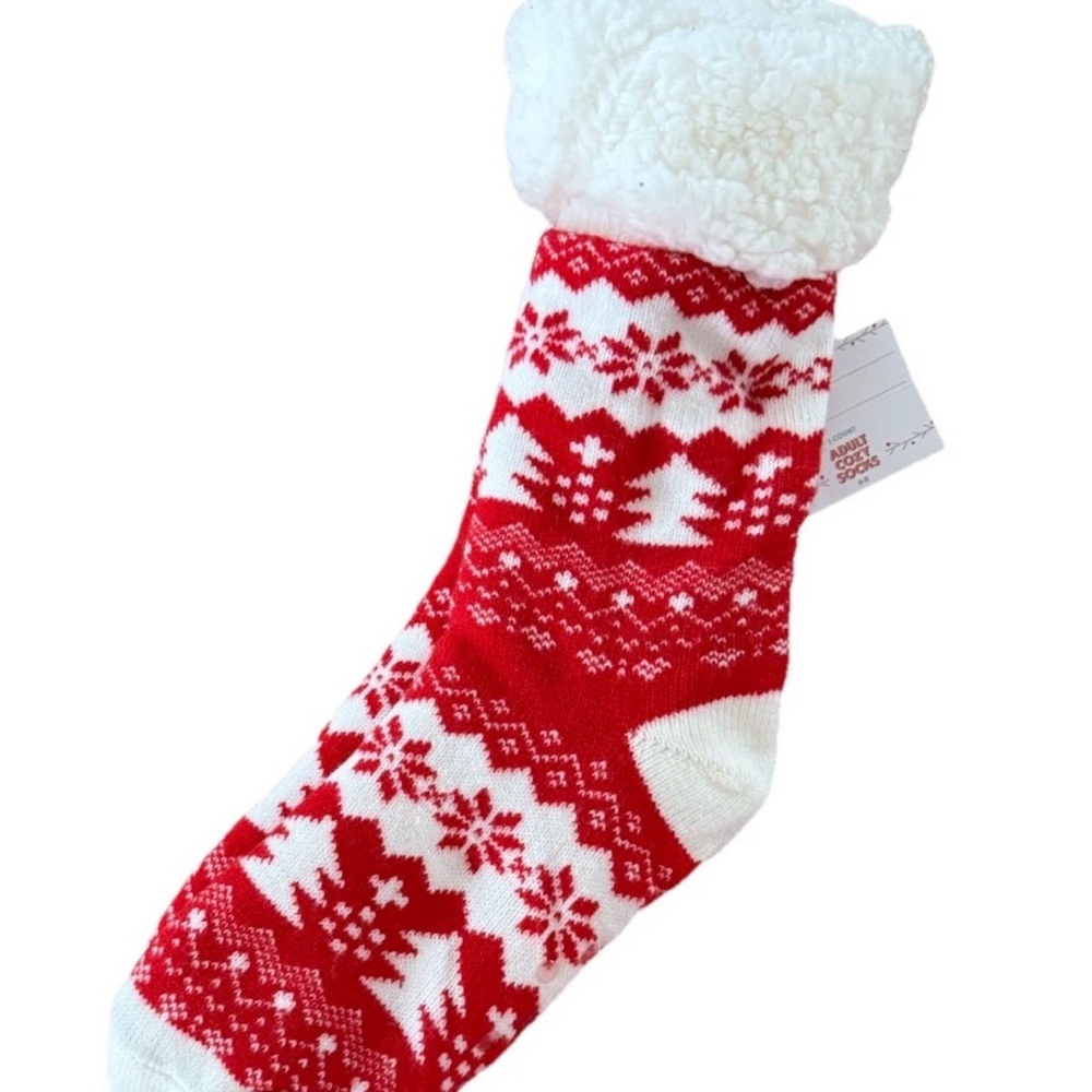 Red and white NEW 1 Pair Adult Gripper Adult Cozy Socks